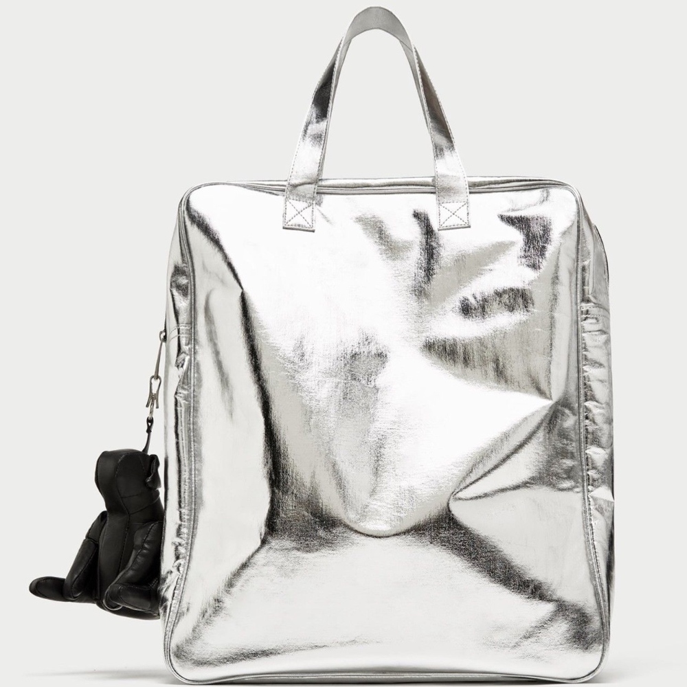 ZARA Silver Maxi Tote Shopper Bag with Dog Pendant